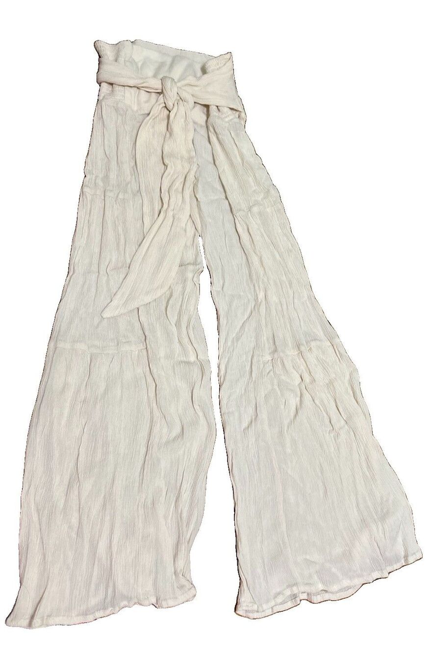 Streetwear Society Cream Crinkle Wide Leg Pants Smocked Paperbag Belted Small